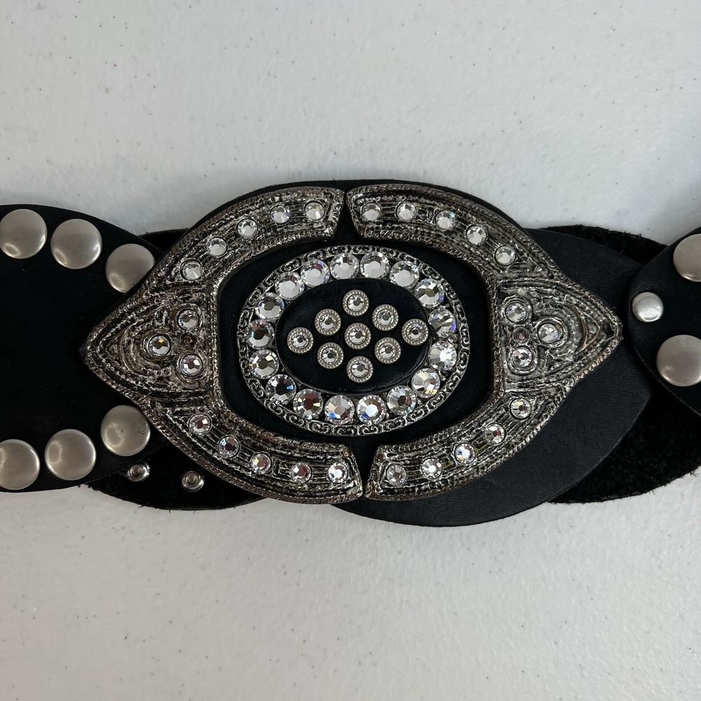 Leather Studded Belt Large 38 Bling Buckle Conch Style Black Silver Southwestern - Picture 5 of 16
